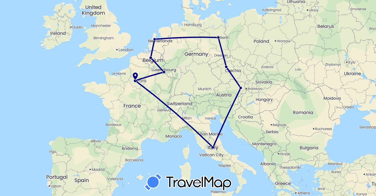 TravelMap itinerary: driving in Austria, Belgium, Czech Republic, Germany, France, Italy, Luxembourg, Netherlands (Europe)